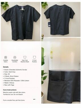 Cherokee Workwear Authentic Scrub Top XS Dark Gray NWT V-Neck Uniform